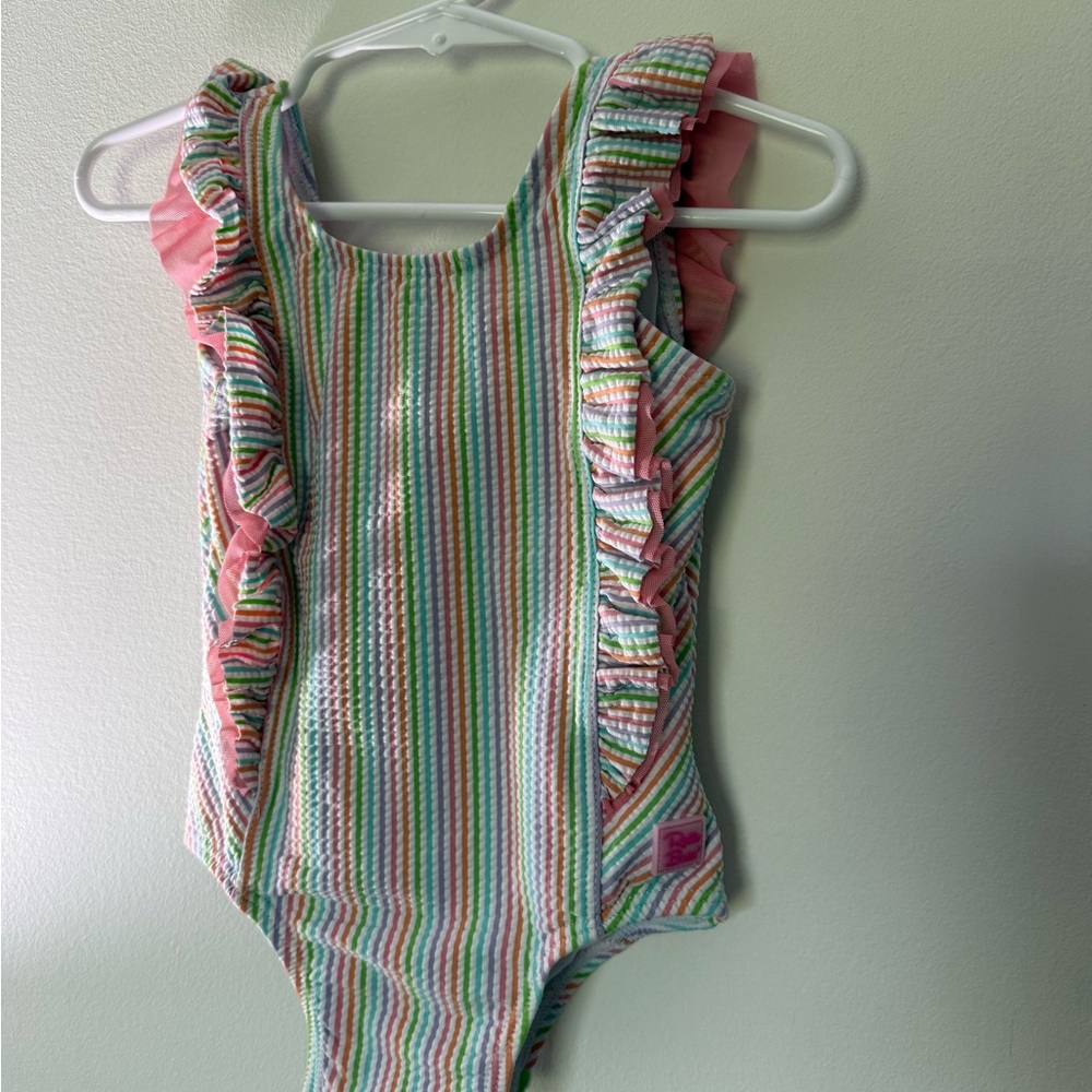Ruffle Butts Girls Rainbow Seersucker Ruffle One-Piece Swimsuit - Pink Trim
